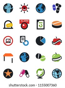 Color and black flat icon set - no laptop vector, ticket office, globe, document reload, pills, diet, earth, pie graph, table, police, alarm led