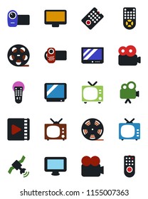 Color and black flat icon set - tv vector, reel, satellite, video camera, remote control, monitor