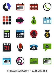 Color and black flat icon set - right arrow vector, calendar, circle chart, microphone, menu, calculator, phone, home message, money bag