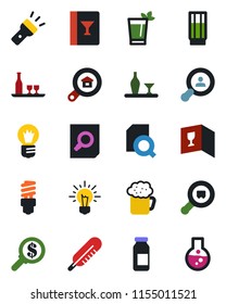 Color and black flat icon set - document search vector, bulb, thermometer, ampoule, cargo, torch, estate, client, alcohol, wine card, drink, phyto bar, beer, energy saving, money, idea, flask