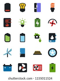 Color and black flat icon set - ripper vector, battery, low, charge, fridge, home control, fan, water heater, air conditioner, warm floor, bulb, energy saving, windmill