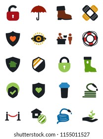Color and black flat icon set - fence vector, passport control, lock, boot, hose, patch, heart shield, umbrella, eye id, estate insurance, water filter, home protect, crisis management, palm sproute