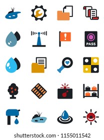 Color and black flat icon set - bomb in case vector, passport, luggage storage, contract, water drop, heart diagnostic, pills blister, important flag, folder document, antenna, application, pond