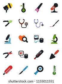 Color and black flat icon set - trowel vector, pruner, saw, stethoscope, blood pressure, thermometer, heart diagnostic, microscope, scalpel, microphone