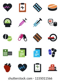 Color and black flat icon set - heart pulse vector, diagnosis, syringe, blood pressure, pills, blister, tomography, real, clipboard, hospital