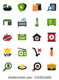 Color and black flat icon set - vip vector, safe, document search, desk, tie, diet, no trolley, oil barrel, radio, protect, sold signboard, estate, children room, sweet home, serviette, salad, money