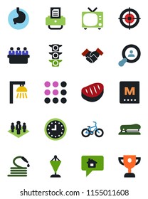 Color and black flat icon set - tv vector, pennant, meeting, printer, hose, bike, stomach, traffic light, clock, menu, target, handshake, stapler, company, client search, steak, outdoor lamp