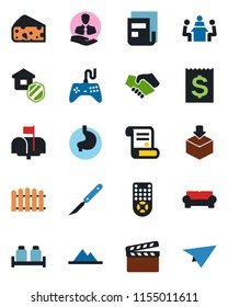 Color and black flat icon set - contract vector, fence, scalpel, stomach, client, receipt, package, clapboard, gamepad, remote control, news, meeting, mountains, cushioned furniture, mailbox, cheese