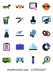 Color and black flat icon set - departure vector, reception bell, plane, case, circle chart, pruner, glove, bench, caterpillar, clipboard, chain, monitor statistics, tie, stamp, cook, phyto bar, pc