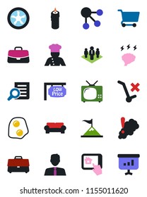 Color and black flat icon set - case vector, document search, brainstorm, no trolley, company, low price signboard, estate agent, cushioned furniture, tv, cook, candle, omelette, fan, smoke detector