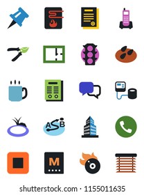 Color and black flat icon set - phone vector, pruner, seeds, pond, blood pressure, traffic light, office, route, flame disk, dialog, stop button, coffee, drawing pin, building, contract, plan, menu