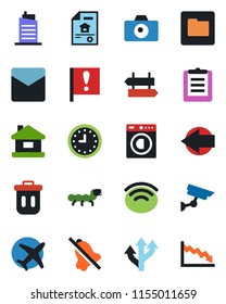 Color and black flat icon set - signpost vector, camera, left arrow, caterpillar, route, important flag, plane, clock, clipboard, mail, folder, wireless, mute, house, estate document, washer, city