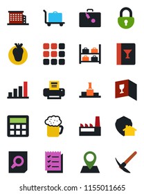 Color and black flat icon set - suitcase vector, baggage trolley, luggage storage, document search, real heart, pin, menu, calculator, lock, bar graph, checklist, printer, office building, factory