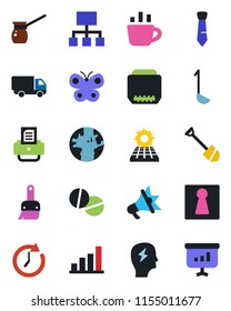 Color and black flat icon set - female vector, coffee, brainstorm, job, printer, butterfly, pills, earth, car delivery, hdmi, themes, bar graph, tie, sun panel, ladle, turkish, clock, hierarchy