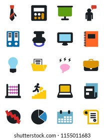 Color and black flat icon set - speaking man vector, office binder, crisis graph, brainstorm, bulb, calendar, monitor, calculator, copybook, presentation board, pie, news, document folder, abacus