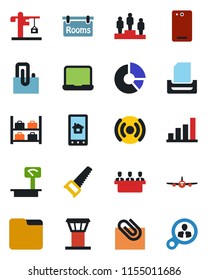 Color and black flat icon set - airport tower vector, plane, luggage storage, pedestal, circle chart, saw, heavy scales, phone back, folder, paper clip, bar graph, meeting, tray, notebook pc, rooms