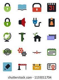 Color And Black Flat Icon Set - Barrier Vector, Globe, Plane, Lock, Book, Tie, Cargo Container, Calendar, Notes, Fingerprint Id, Sale, Eco House, Power Plug, Gear, Sound, Pass Card, Certificate