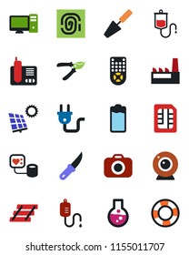 Color and black flat icon set - trowel vector, pruner, garden knife, blood pressure, dropper, camera, remote control, radio phone, battery, sim, paper tray, sun panel, factory, power plug, web, pc
