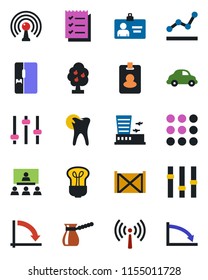 Color and black flat icon set - antenna vector, airport building, identity card, crisis graph, caries, car delivery, container, settings, menu, tuning, checklist, point, hierarchy, fruit tree, bulb