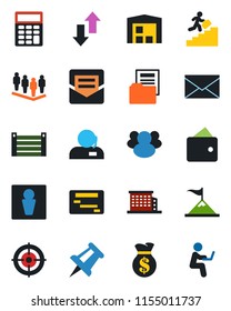 Color and black flat icon set - male vector, mail, team, drawing pin, container, group, data exchange, document folder, calculator, support, target, career ladder, warehouse, office building, wallet