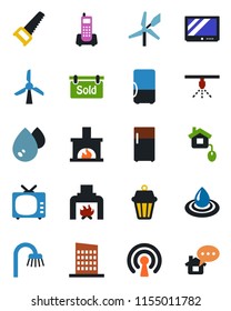 Color and black flat icon set - saw vector, office phone, tv, sold signboard, bathroom, fireplace, city house, home control, wireless, water, outdoor lamp, fridge, windmill, sprinkler, message