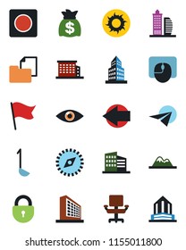 Color and black flat icon set - left arrow vector, lock, office building, mouse, money bag, sun, eye, folder document, record, compass, chair, mountains, ladle, flag, paper plane