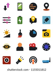 Color and black flat icon set - mobile tracking vector, camera, tuning, themes, user, stopwatch, network, notes, data exchange, torch, brightness, place tag, eye id, video, photo gallery, charge