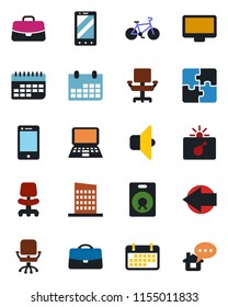 Color and black flat icon set - bomb in case vector, left arrow, mobile phone, office chair, notebook pc, calendar, bike, term, cell, monitor, speaker, application, city house, sound, home message