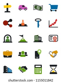 Color and black flat icon set - reception vector, mobile tracking, office building, group, motivation, handshake, growth graph, cart, cash, case, calculator, car, social media, certificate, pedestal