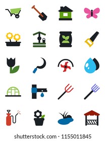Color and black flat icon set - job vector, flower in pot, farm fork, ripper, wheelbarrow, saw, butterfly, house, water drop, well, sickle, greenhouse, pond, garden sprayer, fertilizer, tulip