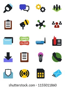 Color and black flat icon set - team vector, clipboard, microphone, remote control, dialog, radio phone, share, mail, hdmi, call, sim, download, company, open close, wireless, router, gear