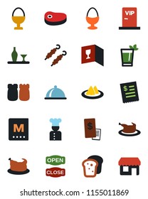 Color and black flat icon set - cook vector, dish, alcohol, serviette, wine card, menu, phyto bar, egg stand, salt and pepper, bread, vip zone, open close, restaurant receipt, chicken, steak, kebab