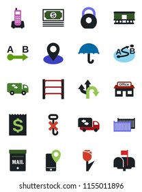 Color and black flat icon set - route vector, pin, store, cash, office phone, mobile tracking, cargo container, receipt, umbrella, no hook, tulip, heavy, rack, railroad, mailbox, moving