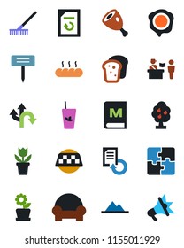 Color and black flat icon set - taxi vector, passport control, document reload, stamp, flower in pot, rake, plant label, route, application, fruit tree, mountains, cushioned furniture, menu, bread