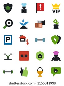 Color and black flat icon set - parking vector, vip, barbell, important flag, cargo container, search, protect, record, flower in pot, estate insurance, cook, egg stand, cutting board, home control