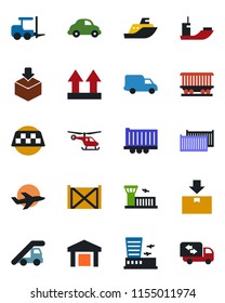 Color and black flat icon set - taxi vector, fork loader, ladder car, helicopter, airport building, railroad, plane, sea shipping, truck trailer, cargo container, delivery, up side sign, warehouse