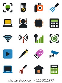 Color and black flat icon set - antenna vector, pen, garden fork, camera, remote control, laptop pc, play button, calculator, wireless, face id, eye, cellular signal, notebook, smart home, chip