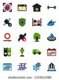 Color and black flat icon set - luggage storage vector, book, pennant, tree, barbell, satellite, term, film frame, protect, brightness, calendar, pond, smart home, fingerprint, snowflake, water, car
