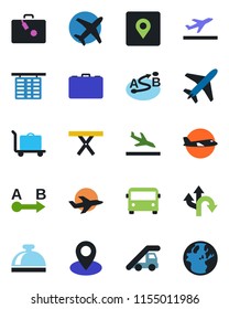 Color and black flat icon set - plane vector, departure, arrival, suitcase, baggage trolley, airport bus, reception bell, ladder car, flight table, case, picnic, route, pin, place tag, earth