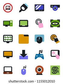 Color and black flat icon set - no laptop vector, mouse, notebook pc, monitor pulse, gamepad, tv, touch screen, hdmi, folder, download, web camera, home control app, eye scan, fingerprint