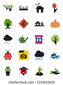 Color and black flat icon set - flower in pot vector, tree, watering can, wheelbarrow, sproute, lady bug, seedling, rain, well, pumpkin, bird house, tulip, photo gallery, with, pond, eco, palm