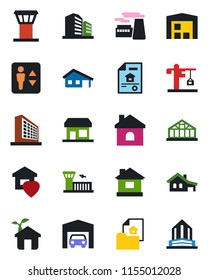 Color and black flat icon set - airport tower vector, elevator, building, office, factory, house, greenhouse, with garage, warehouse, estate document, sweet home, crane, eco, storefront