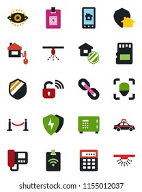 Color and black flat icon set - fence vector, alarm car, safe, shield, chain, protect, sd, face id, eye, identity card, estate insurance, home control, wireless lock, intercome, app, combination