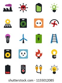 Color and black flat icon set - bulb vector, factory, ripper, ladder, fire, remote control, speaker, low battery, rca, sun panel, socket, windmill, alarm led, idea
