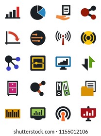 Color and black flat icon set - antenna vector, office binder, crisis graph, document, folder, barcode, share, scanner, network, data exchange, monitor statistics, bar, pie, archive box, wireless