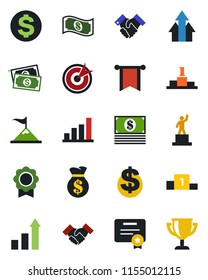Color and black flat icon set - growth statistic vector, dollar sign, pedestal, cash, sertificate, bar graph, handshake, target, arrow up, motivation, money bag, pennon, certificate, award cup