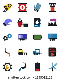 Color and black flat icon set - airport tower vector, fork loader, gear, factory, glove, sickle, truck trailer, sea port, oil barrel, low battery, root setup, water heater, sun panel, windmill