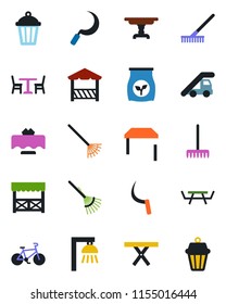 Color and black flat icon set - cafe vector, ladder car, rake, sickle, garden light, picnic table, fertilizer, bike, restaurant, alcove, outdoor lamp