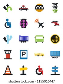 Color and black flat icon set - airport tower vector, plane radar, taxi, bus, parking, alarm car, border cone, helicopter, disabled, route, traffic light, truck trailer, guidepost