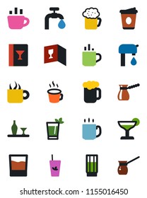 Color and black flat icon set - hot cup vector, coffee, water supply, alcohol, wine card, drink, cocktail, phyto bar, beer, turkish